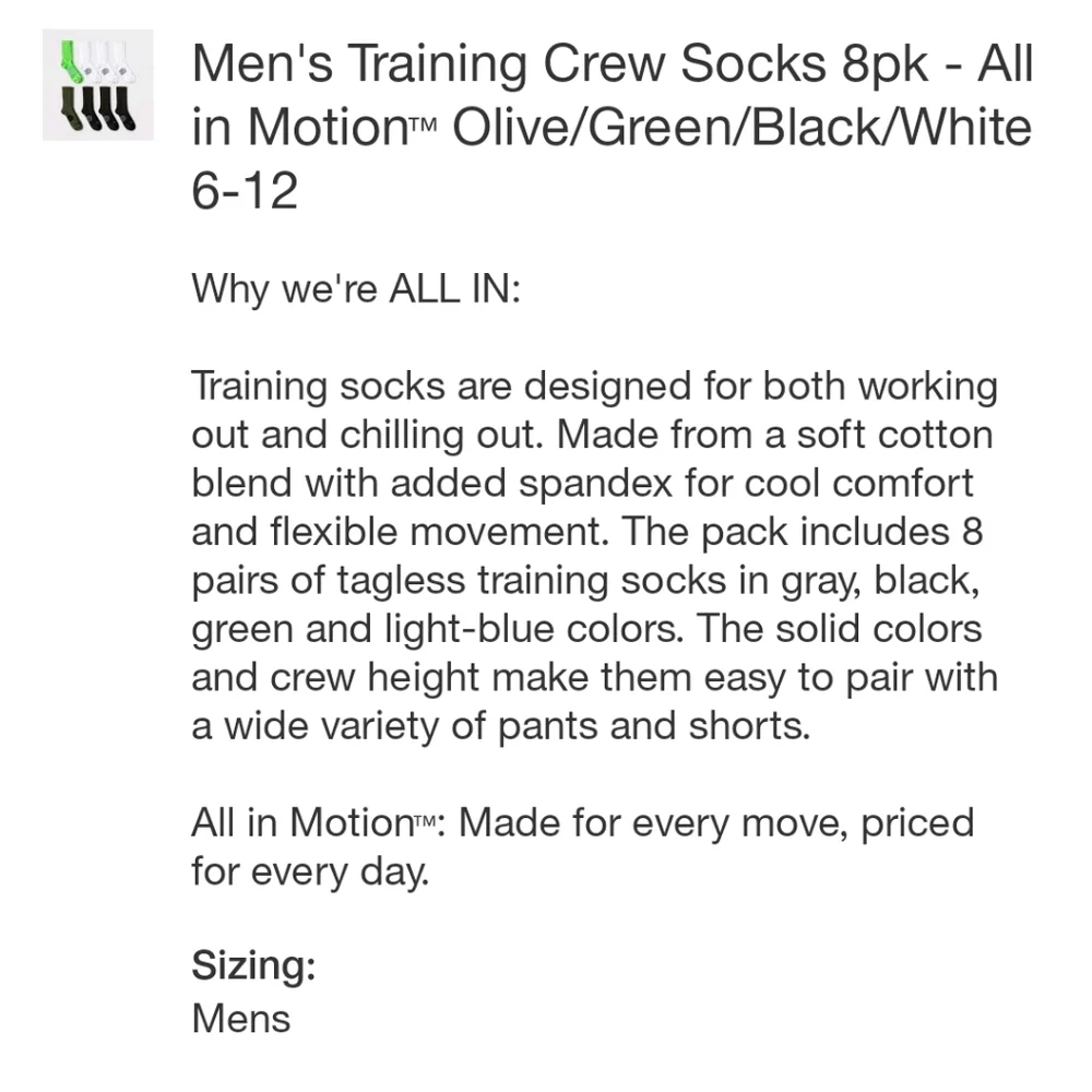 All In Motion Men's Training Crew Socks 8pk